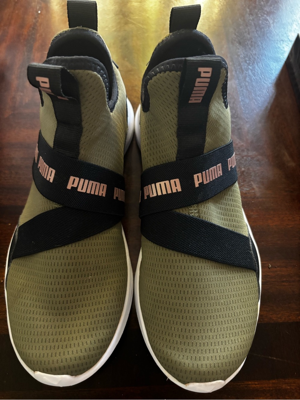 Puma women Olive Green and Black Slip-On Sneakers with Pink Logo
